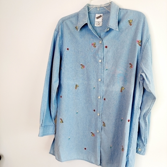 Vintage Warner Bros Tweety Denim Chambray Embroiderd Button-up Shirt Large Tunic - Picture 4 of 14